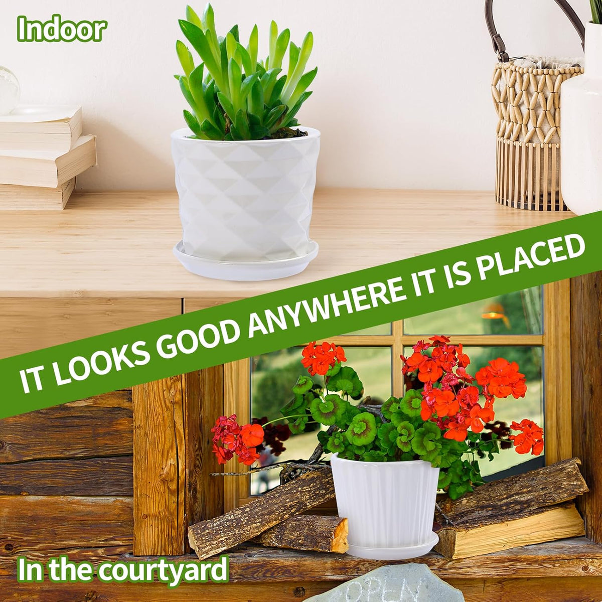 Plant Pots - 5.5 Inch Cylinder Ceramic Planters with Connected Saucer, Pots for Succuelnt and