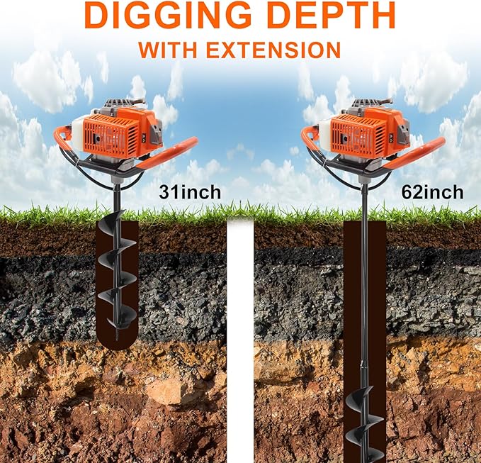 72CC Newly Upgraded Post Hole Digger Gas Powered, 2 Stroke Auger Post Hole Digger with 2 Drill Bits