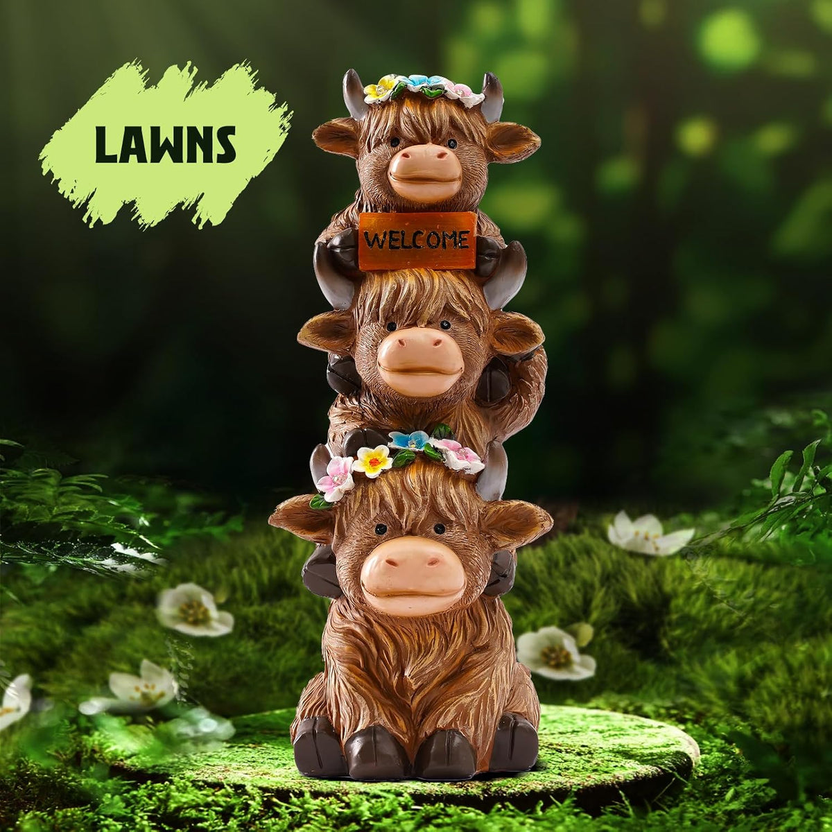 16 in Large Garden Highland Cow Statue Solar Garden Sculptures & Statues with Flower Decoration