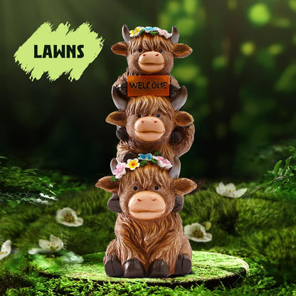 16 in Large Garden Highland Cow Statue Solar Garden Sculptures & Statues with Flower Decoration