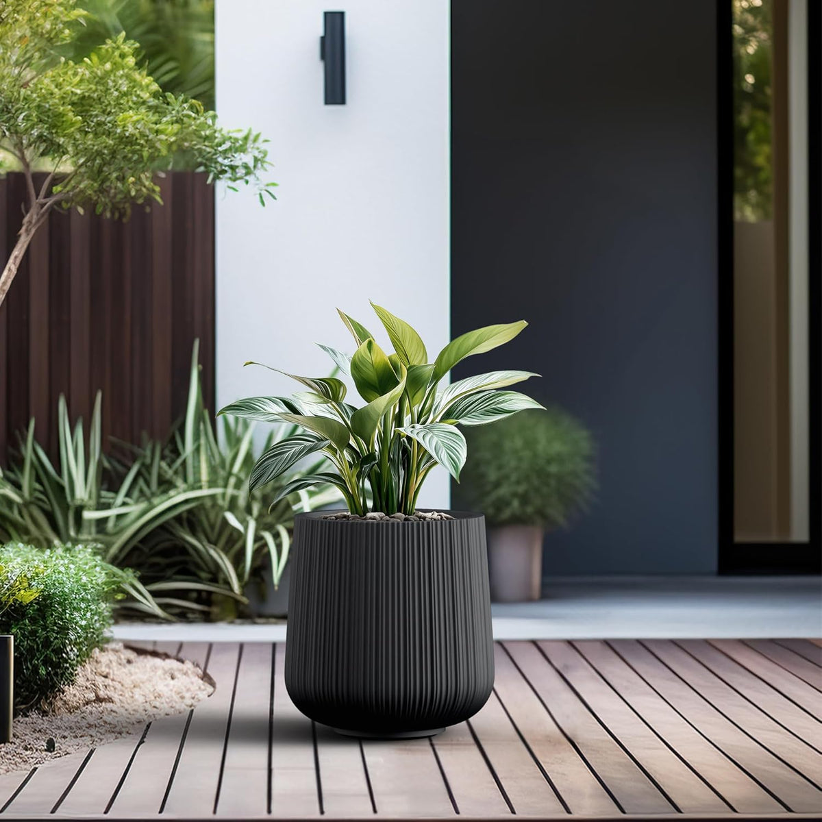 Kante 13.0" Dia Round Fluted Concrete Planter, Large Plant Pot with Drainage, Smooth Black Finish