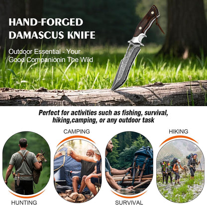 Handmade Damascus Hunting Knife,10.4"Fixed Blade Bowie Knife with Leather Sheath,Real Damascus