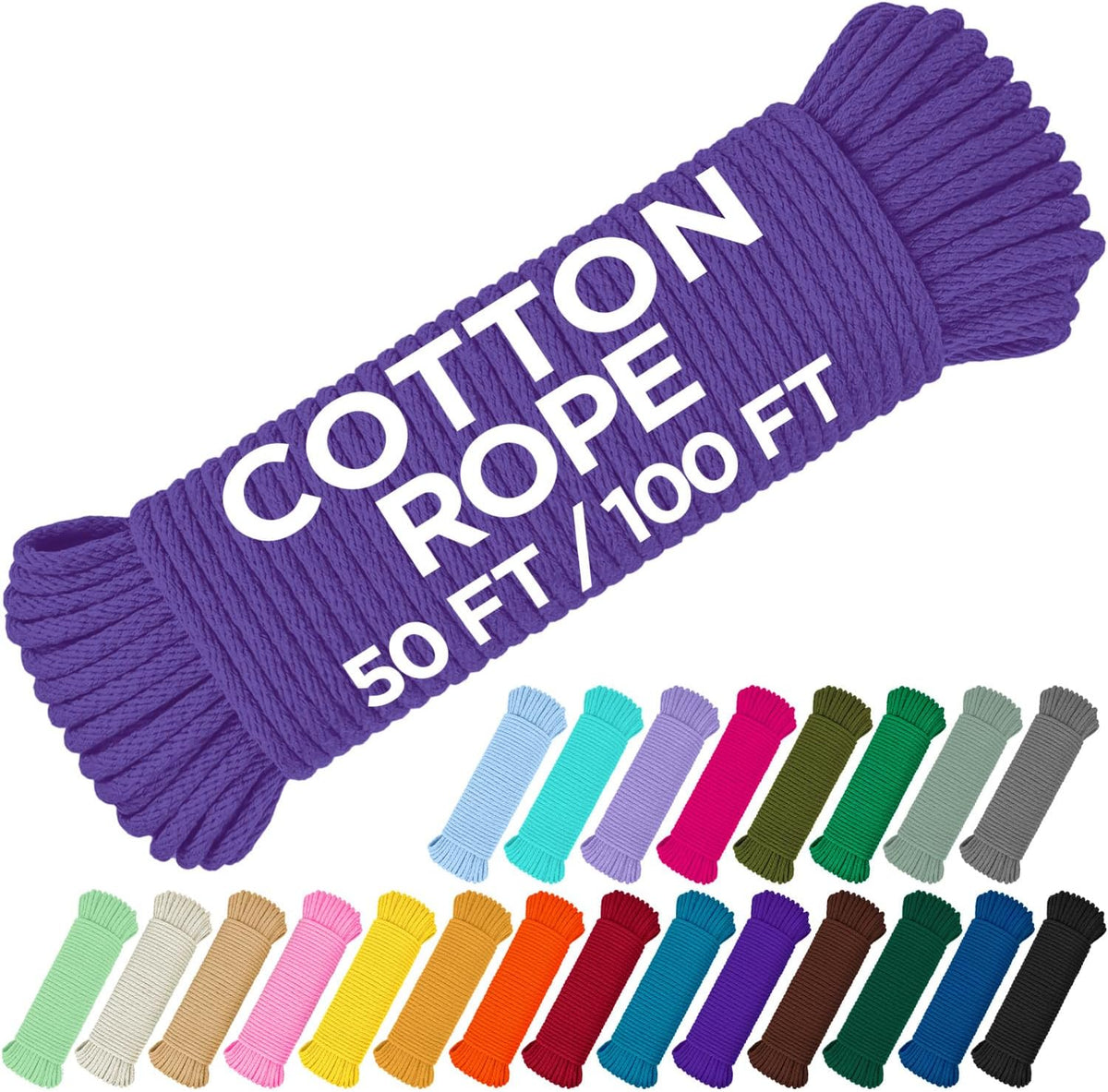 TECEUM Cotton Rope 3/16” (5 mm) – 50 FT – Strong All-Purpose Braided Rope – Natural Cotton – for
