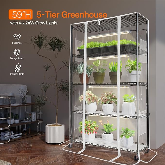 Bstrip Indoor Greenhouse with Grow Light, Mini Green House with 4 Pack 24W Full Spectrum Plant