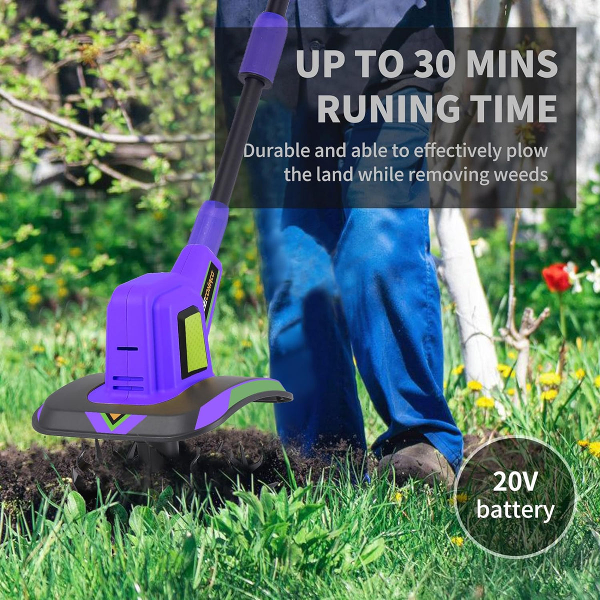 20V Cordless Tiller Cultivator,48 Steel Tines Garden Tiller,8.6 inch Wide Battery Powered Garden