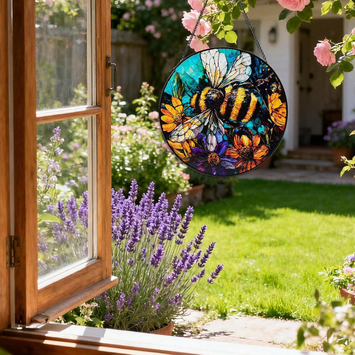 Stained Glass Window Hanging, Bee Yellow Flower Suncatcher for Doors Home Sun Catchers Decoration