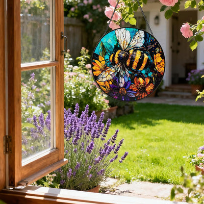 Stained Glass Window Hanging, Bee Yellow Flower Suncatcher for Doors Home Sun Catchers Decoration