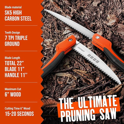 GROWIT Folding Camping saw 11 Inch - Heavy Duty Pruning Saw with Triple-Cut SK5 Blade, 7 TPI Razor
