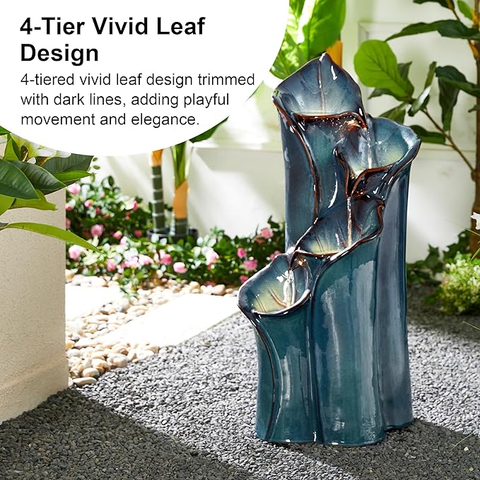 Glitzhome 31.25" H Outdoor Water Fountain with LED Lights and Pump, 4 Tier Turquoise Lotus Leaf