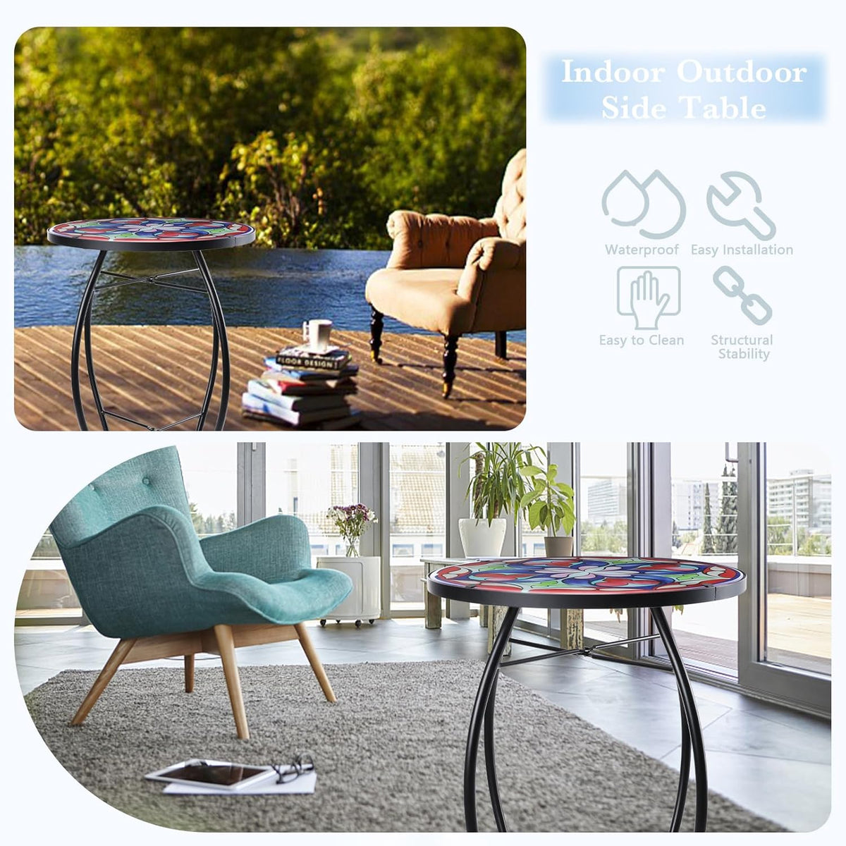 MUMTOP Side Patio Tables-Mosaic Outdoor Side Table - 14’’ Symmetrical Pattern Glass Accent Round