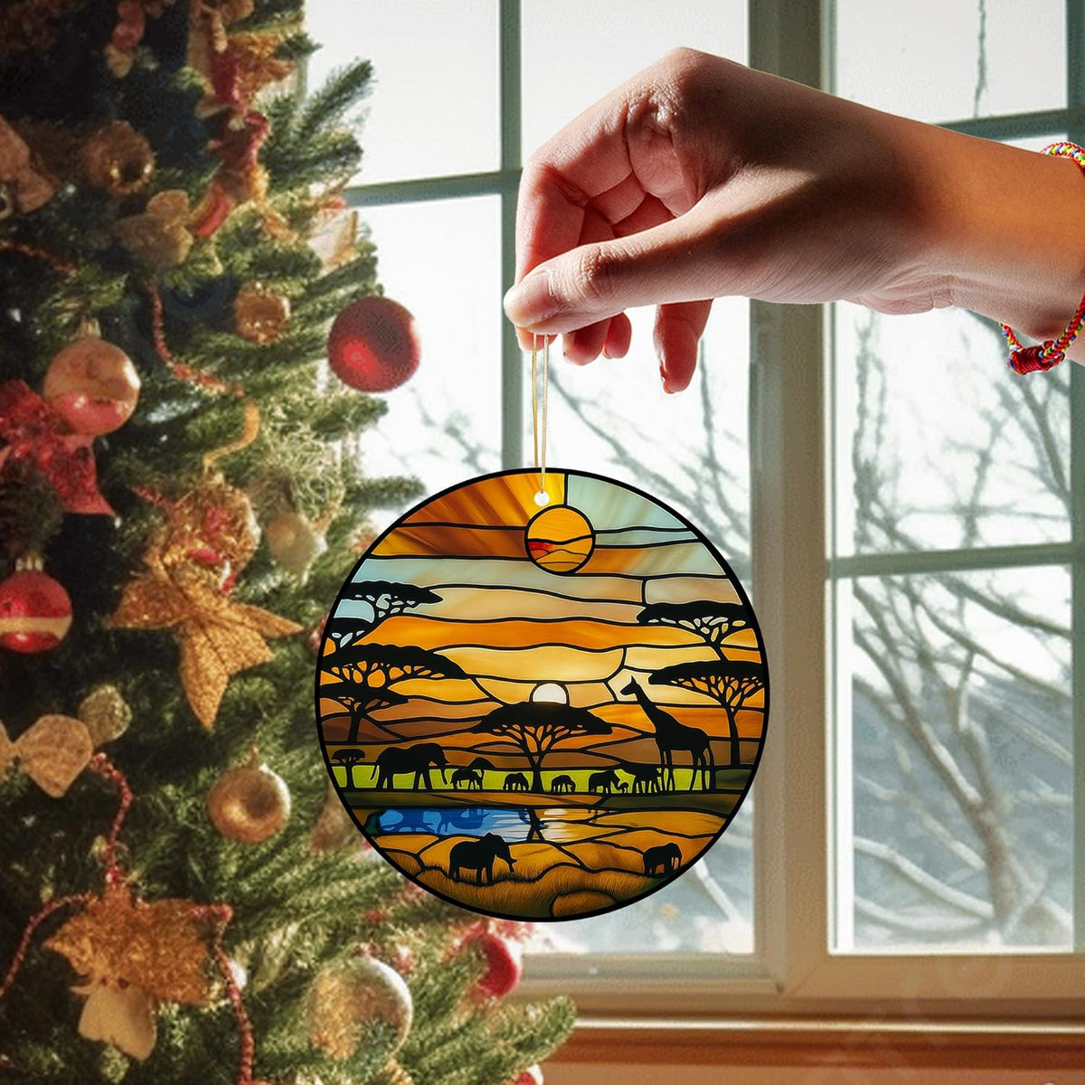 Acrylic Stained Glass Suncatcher Ornament – African Safari Sunset with Giraffes Elephants Trees – 4