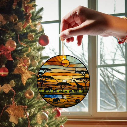 Acrylic Stained Glass Suncatcher Ornament – African Safari Sunset with Giraffes Elephants Trees – 4