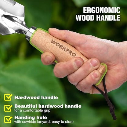 WORKPRO Garden Trowel with Wood Handle, Stainless Steel Narrow Hand Shovel, Multi- Use Flat Garden