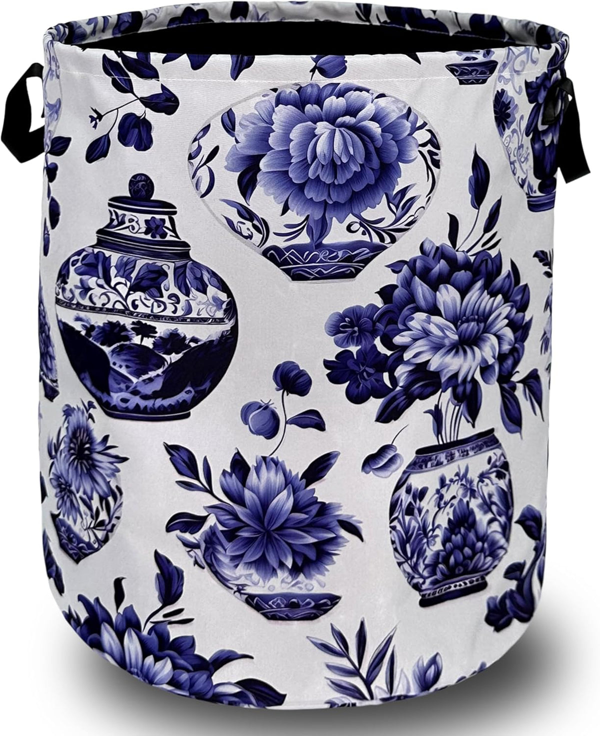 Blue White Floral Laundry Basket Foldable With Handles Vase Flower Tote Bag Oxford Cloth Color