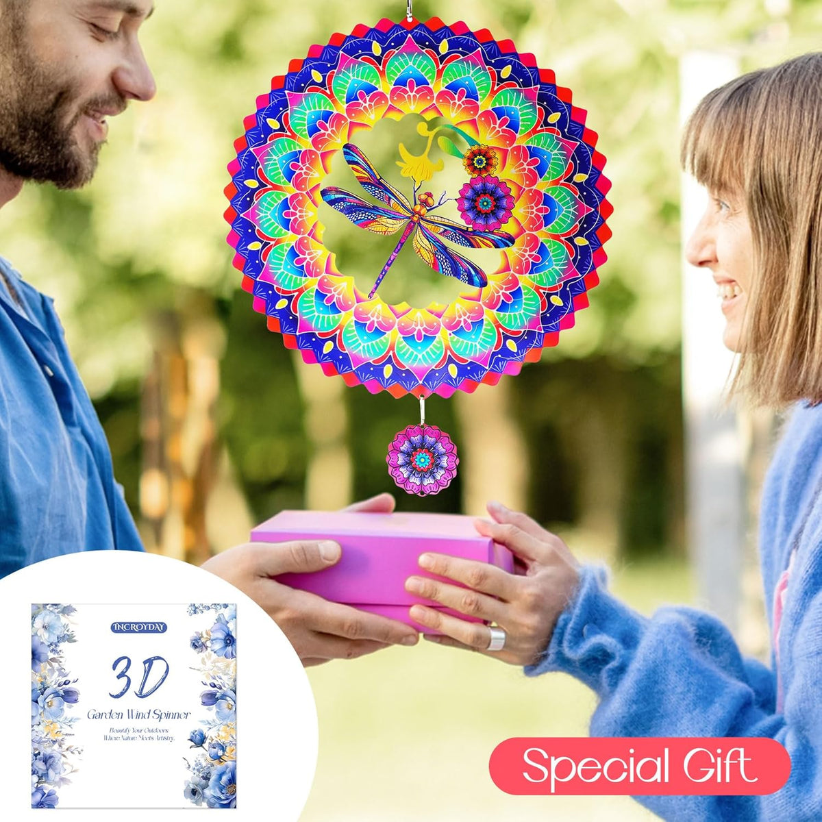 Dragonfly Mandala Wind Spinners Garden Yard Decor Gift for Women Men, 12 Inch Outdoor Metal 3D Wind