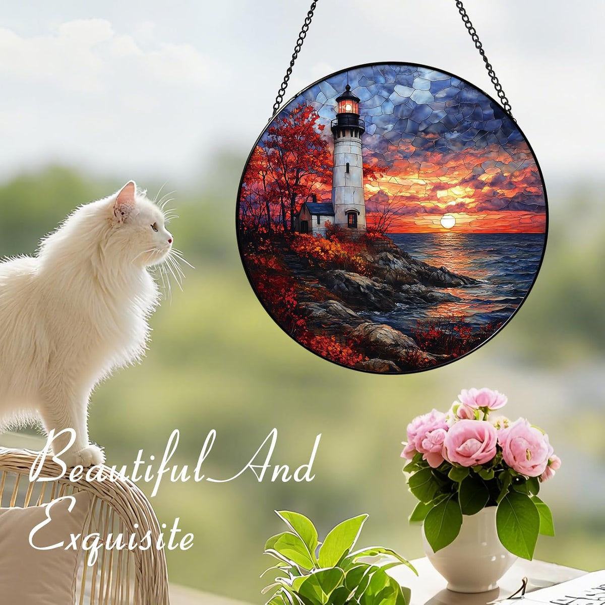 Coastal Lighthouse in Autumn Suncatcher -7.9 in Stained Glass Window Hanging Sun Catcher Garden