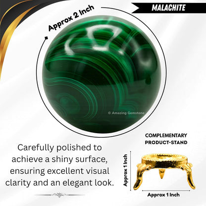 Amazing Gemstone Malachite Crystal Ball with Stand - 2" Inches Crystal Sphere Meditation Balls for