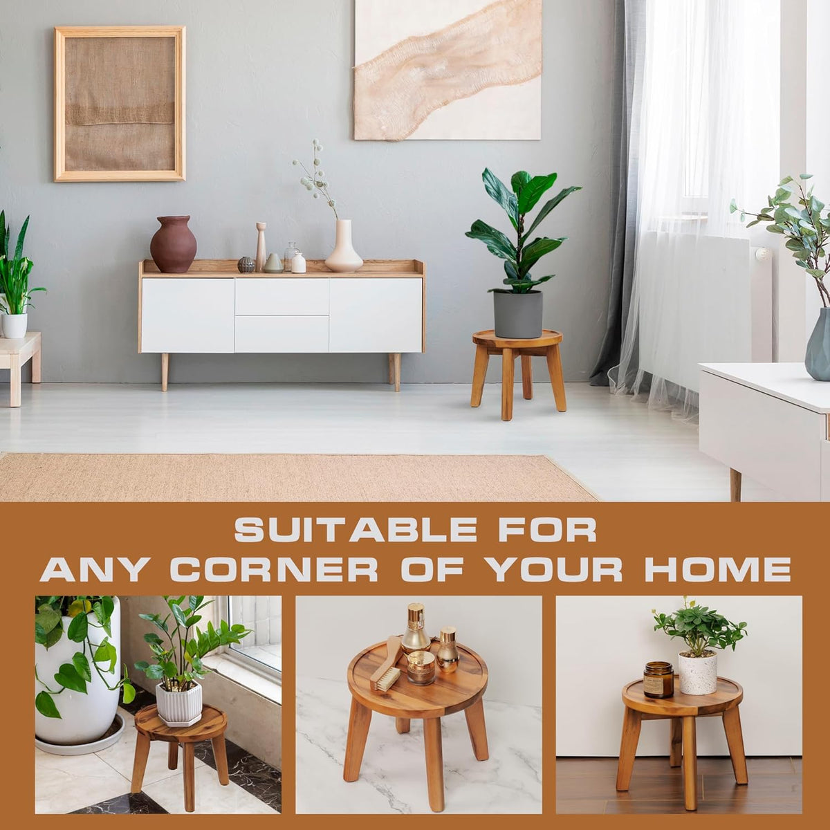 Demigo Indoor Plant Stand, Acacia Wooden Decorative Plant Shelf with Spill-Proof Tray, Stable 8”