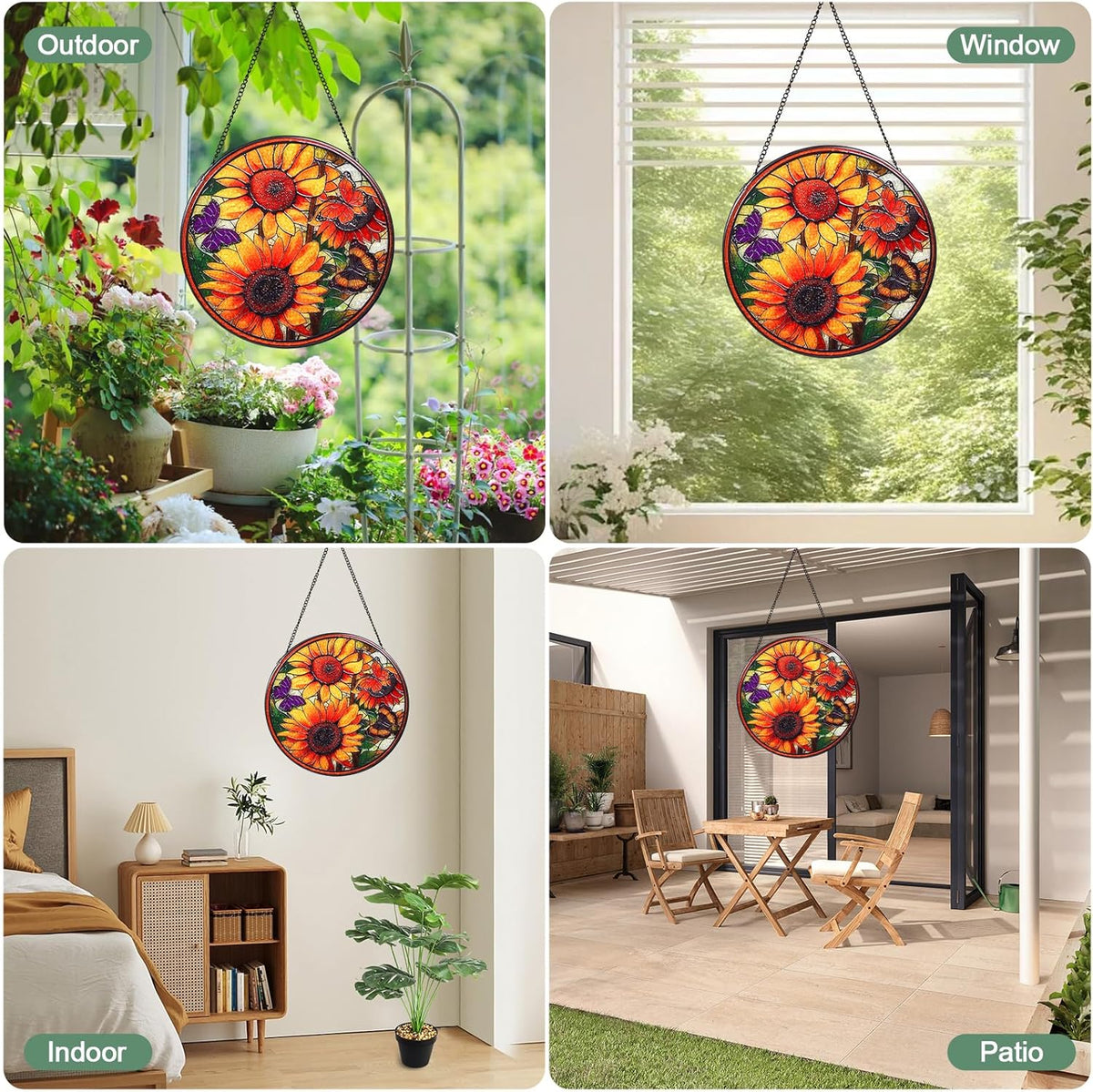 Sunflowers Handmade Stained Glass Window Hanging Suncatcher with Chain - 7.9" Outdoor/Indoor Art
