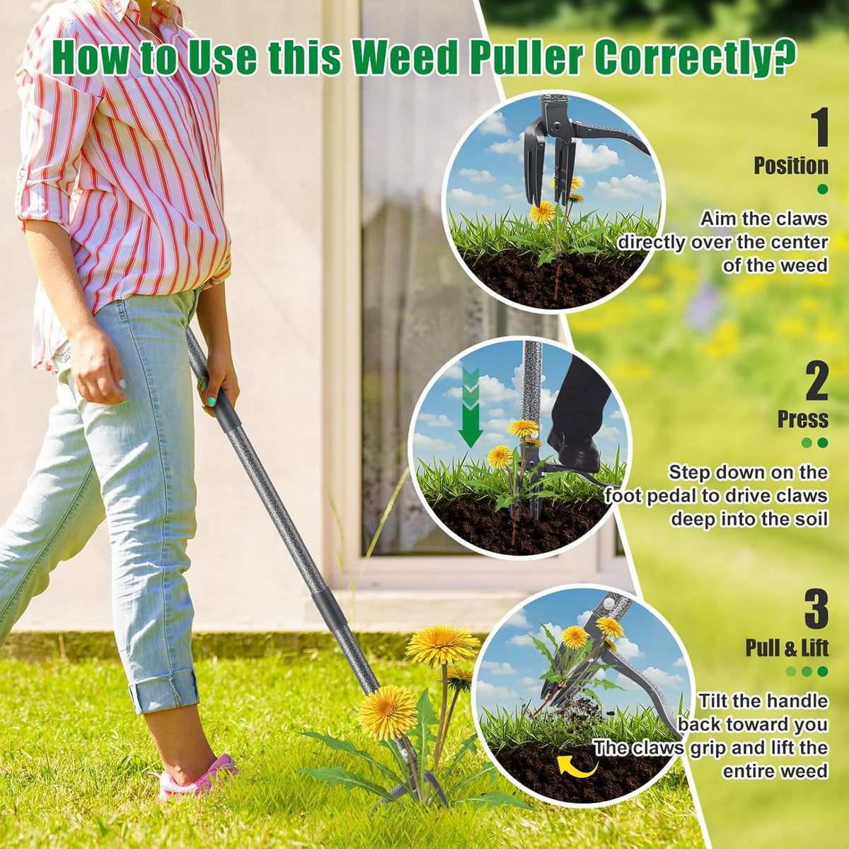 Weed Puller Tool, Stand Up Manual Weeder, Heavy Duty Garden Weeding Tool with 60 inch Long Handle,4