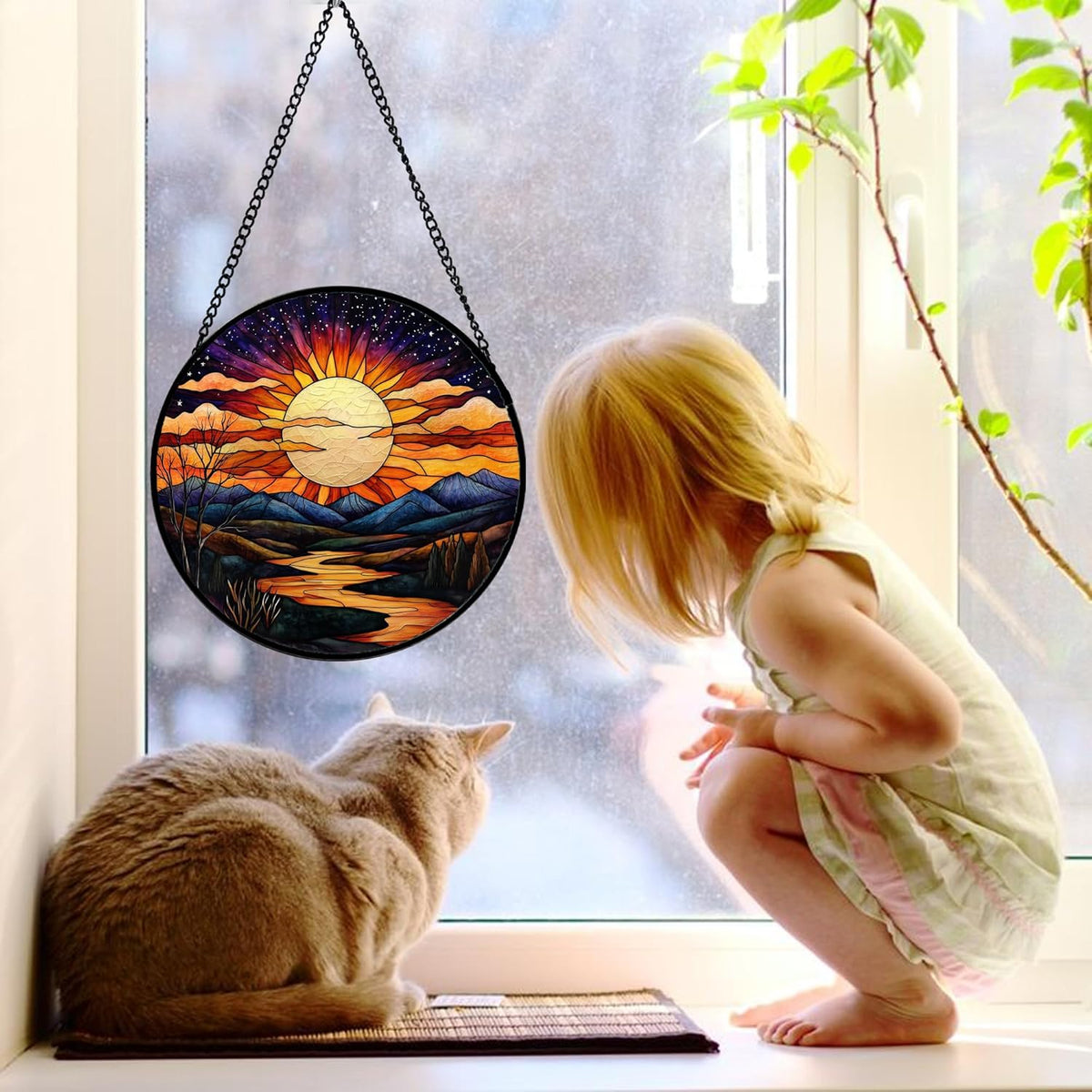 Stained Glass Window Hanging, The Sun Shines Brightly on Lake Sun Catchers Colorful Glass Panel
