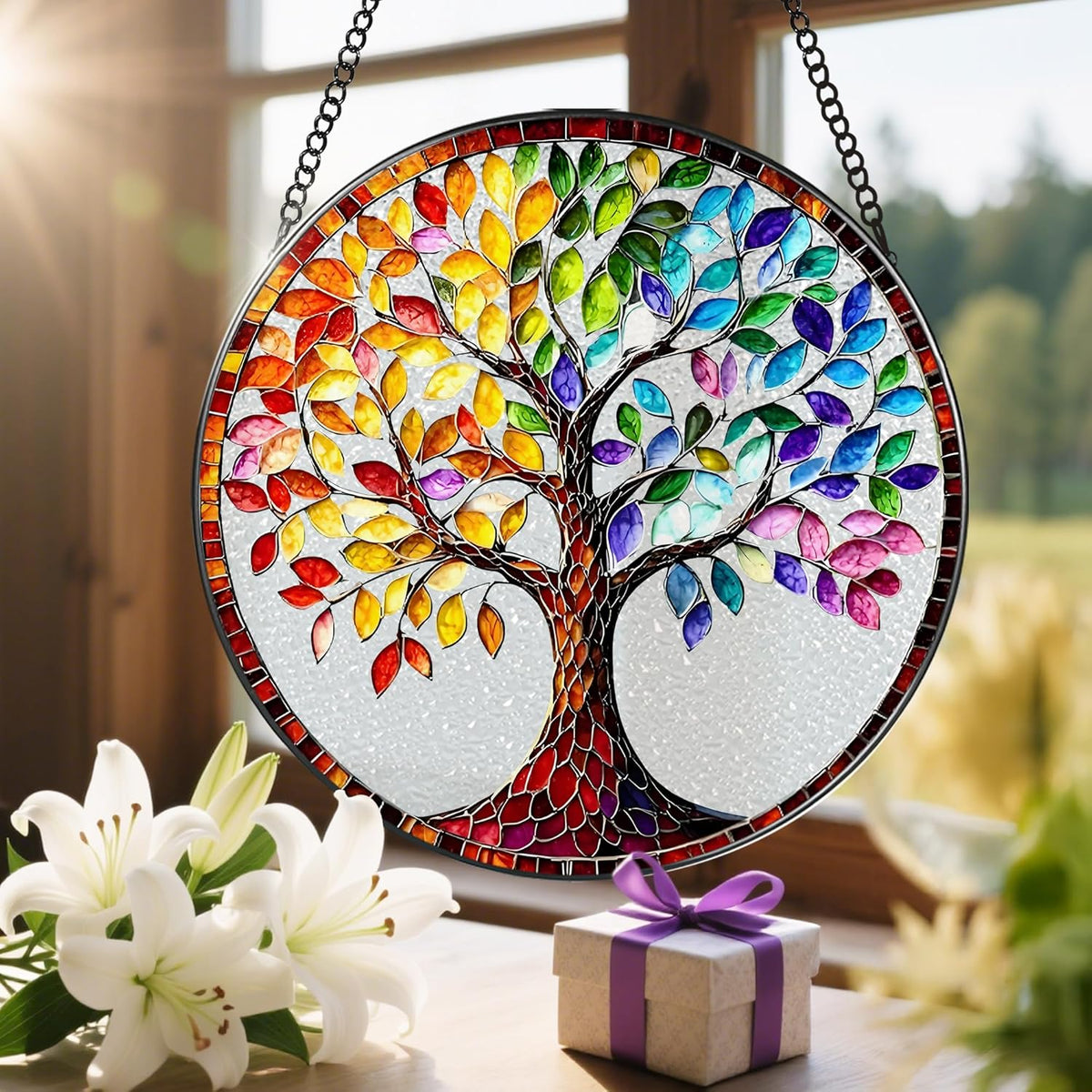 8'' Tree of Life Sun Catcher Ornament, Stained Glass Window Hanging, Suncatchers for Windows