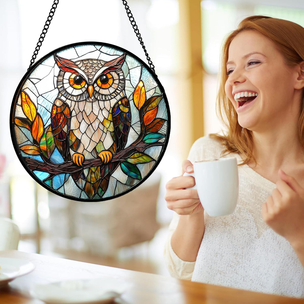 Stained Glass Window Hanging, Owl Colorful Leaves Birds Sun Catchers Diamond Glass Panel Hangings