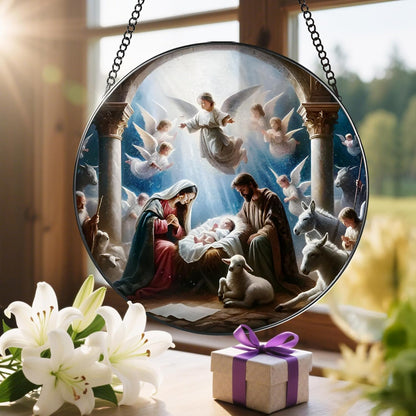 Stained Glass Window Hanging, LAOWEIKI 8'' Nativity Scene Suncatcher, Stained Glass Ornament