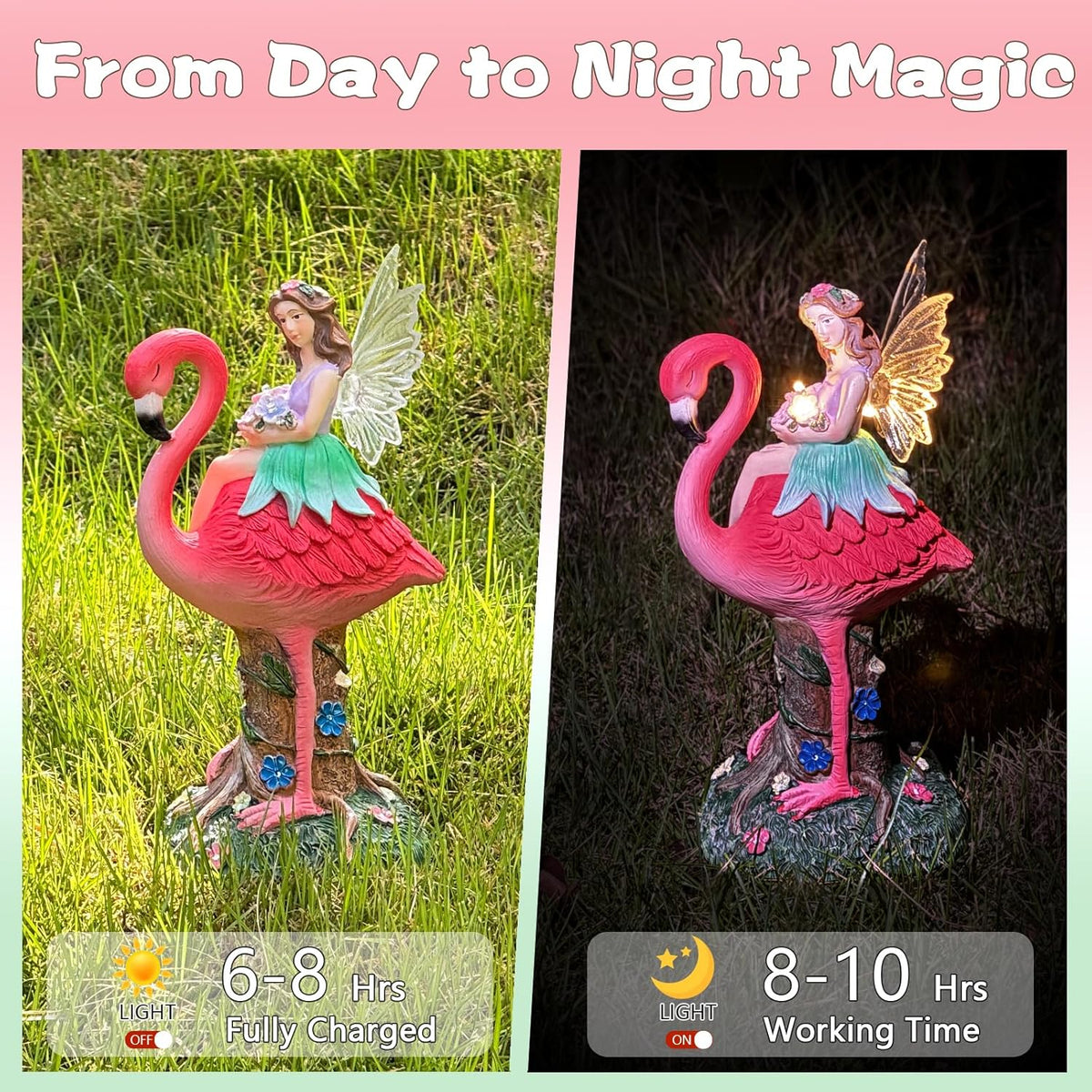 Solar Fairy & Flamingo Garden Decor Statue, Outdoor Funny Solar Light Decoration for Yard, Patio