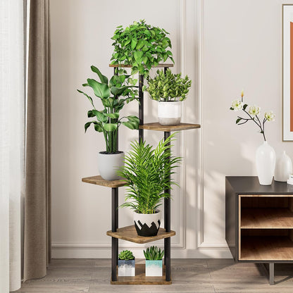 5 Tier Wood Tall Plant Stand Metal Rack Indoor, Multiple Flower Pot Holder Shelves Corner Rack