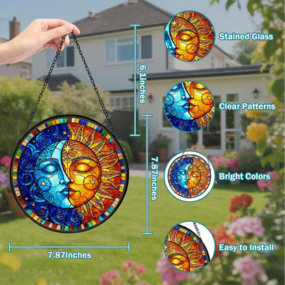 Sun and Moon Stained Glass Window Hanging, Suncatcher for Window Hanging, Moon Sun Catchers Indoor