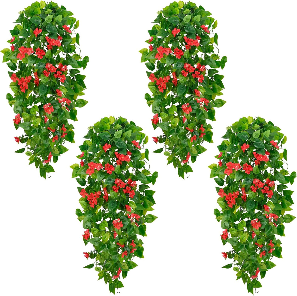BLEUM CADE Artificial Hanging Flowers for Outdoors, 4pcs Fake Hanging Plants Pothos Vines with Red