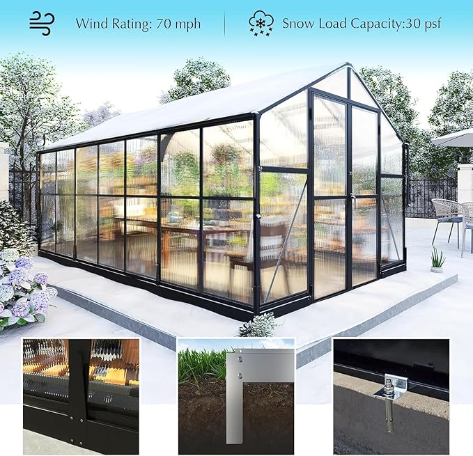AMERLIFE 8x14x7FT Polycarbonate Greenhouse, Walk in Greenhouse with Quick-Connect System, Green