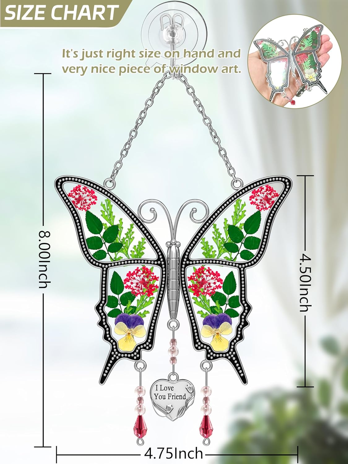 KY&BOSAM Gifts for Women I Love You Friend Butterfly Suncatcher with Pressed Real Flower Stained