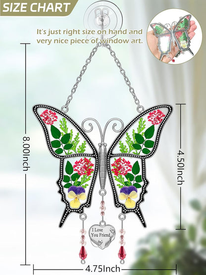KY&BOSAM Gifts for Women I Love You Friend Butterfly Suncatcher with Pressed Real Flower Stained