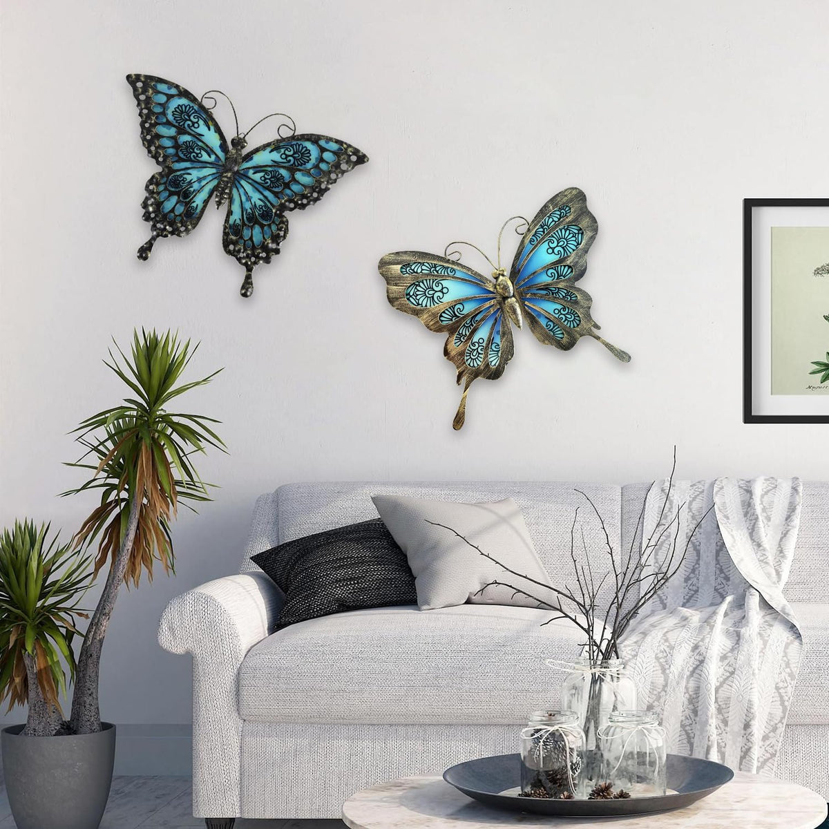 LIFFY Metal Butterfly Wall Decor,2Pack 12" Hanging Glass Butterfly Outdoor Decor,Garden Decorative