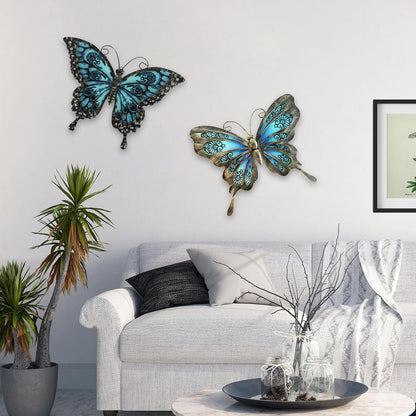 LIFFY Metal Butterfly Wall Decor,2Pack 12" Hanging Glass Butterfly Outdoor Decor,Garden Decorative
