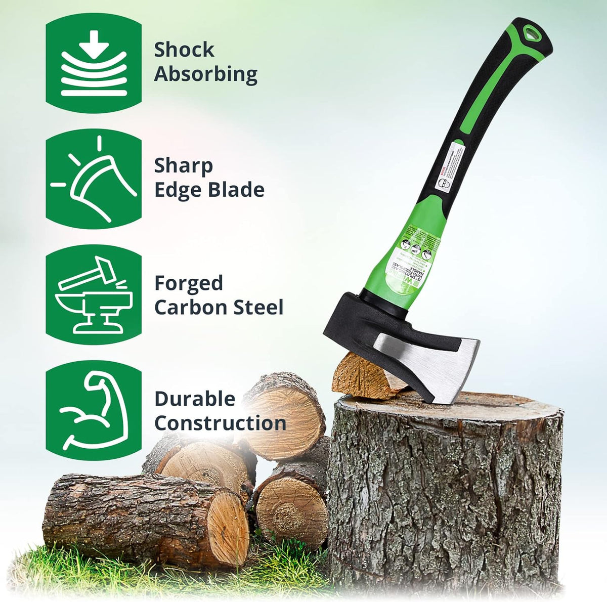 WilFiks Splitting Axe, 15” Camping Hatchet for Chopping and Kindling Wood and Branches, Forged