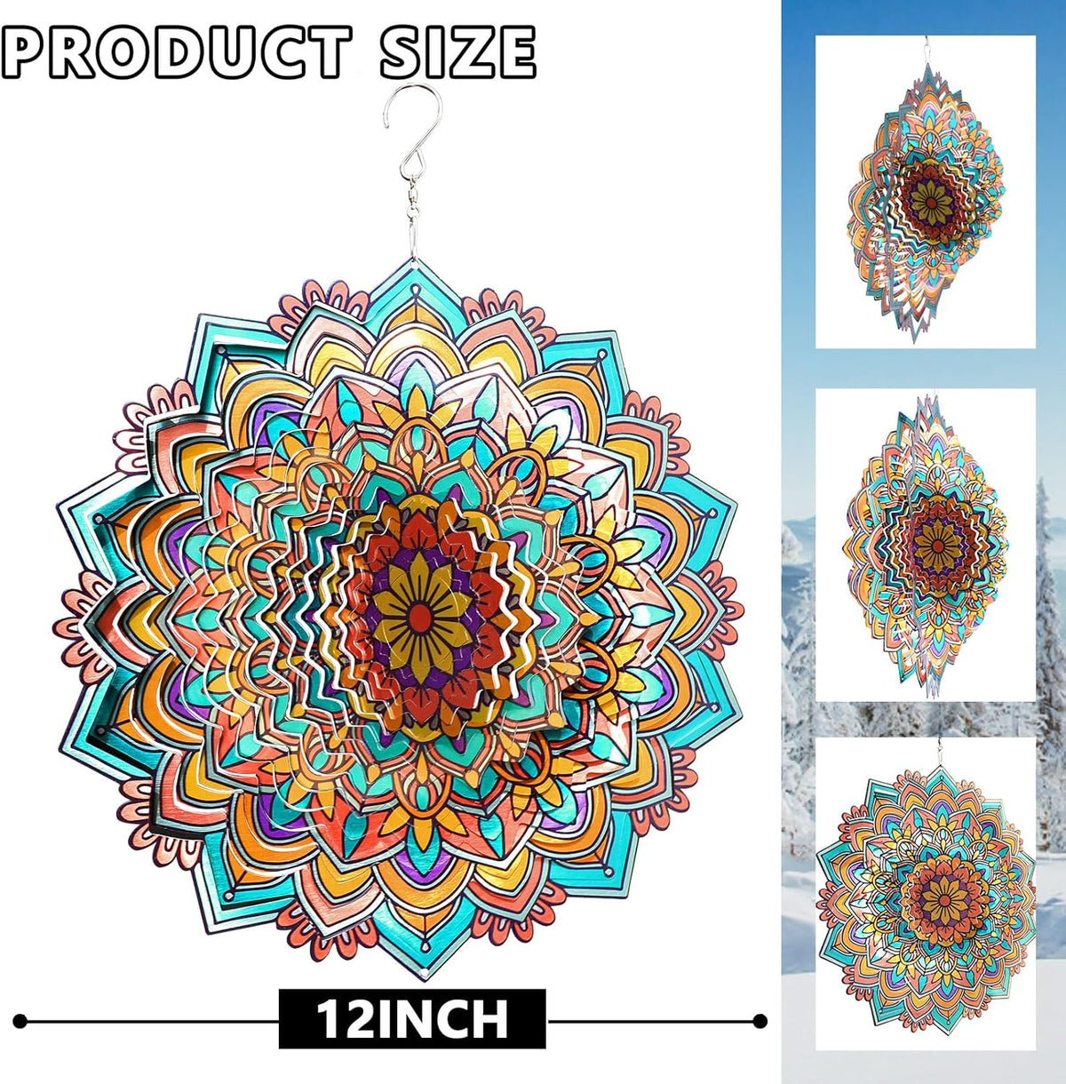 Mandala Daisy Wind Spinner - 12In 3D Kinetic Metal Wind Spinners, Stainless Steel Laser Cut Hanging