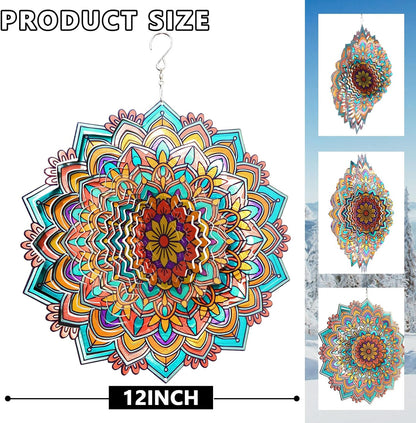 Mandala Daisy Wind Spinner - 12In 3D Kinetic Metal Wind Spinners, Stainless Steel Laser Cut Hanging