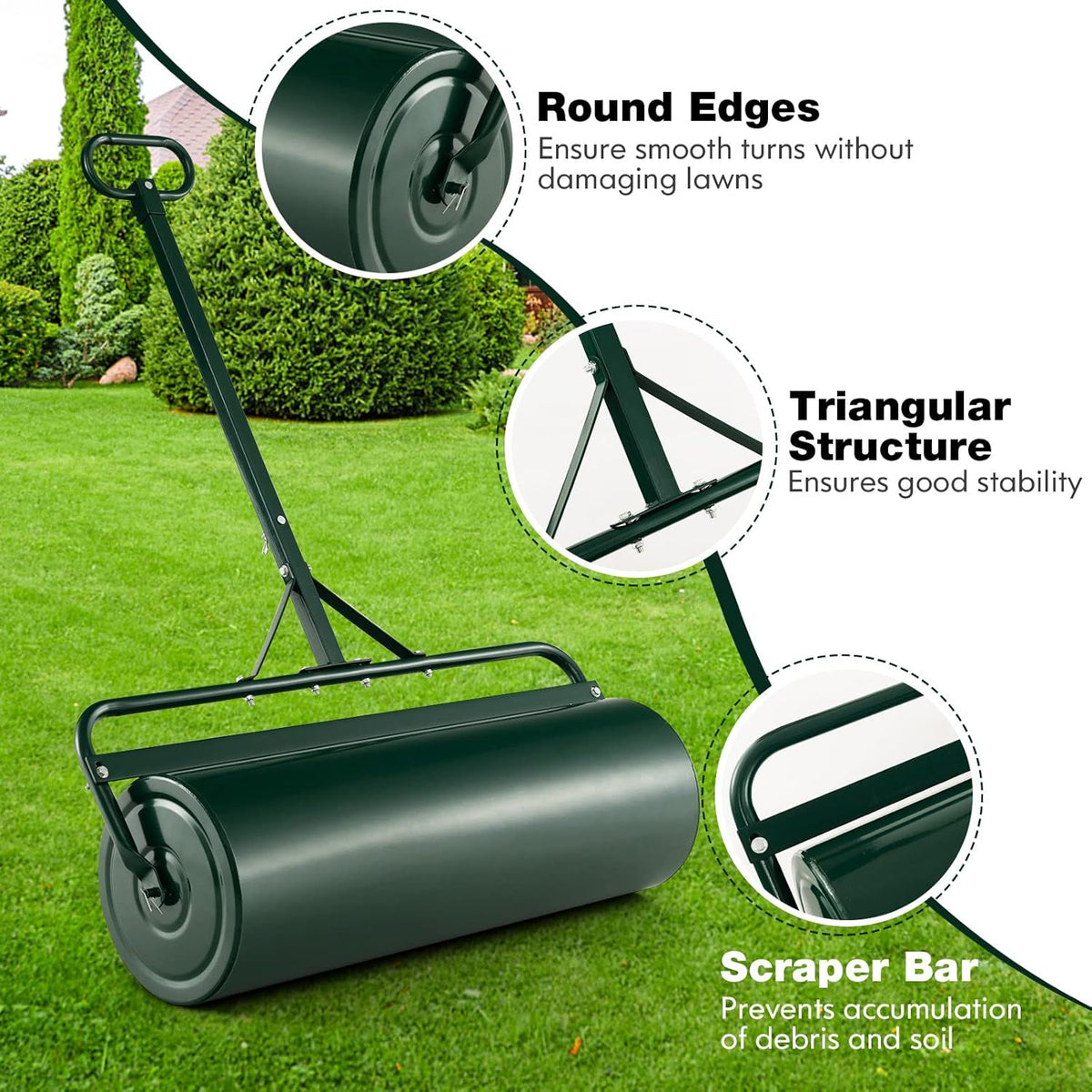 Goplus Push/Tow-Behind Lawn Roller, 17 Gallon/63L Water/Sand-Filled Sod Drum With Detachable