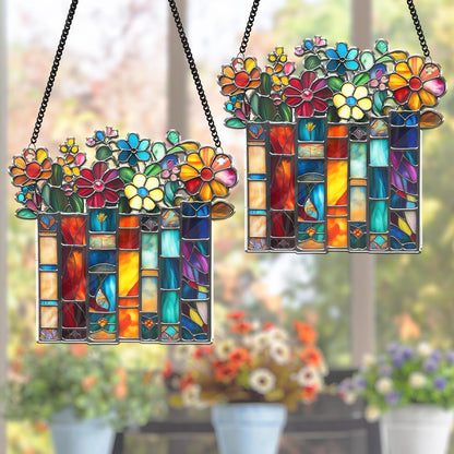 2 Bookaholic Suncatchers, Mountain and Flower Book Acrylic Ornaments Window Hanging, Bookish