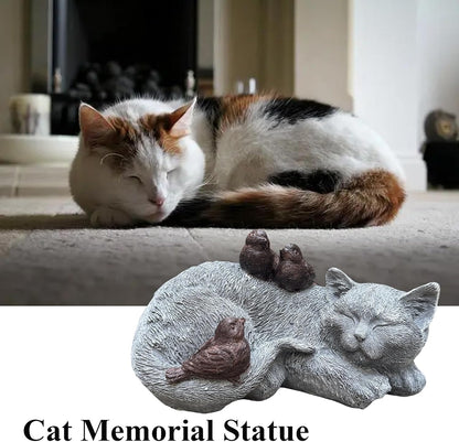 Cat Statue Outdoor Garden Decor - 11.4" Sparrows on Cat Figurine Memorial Grave Markers Garden