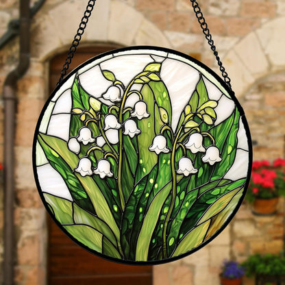 Stained Glass Window Hanging, Lily of The Valley Flower Sun Catchers Colorful Glass Panel Green