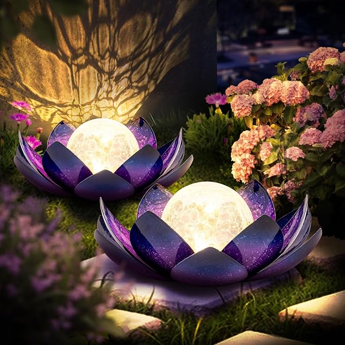 Huaxu Solar Lights for Outdoor Decor, Purple Lotus Flower Light, Waterproof LED Crackle Globe Glass