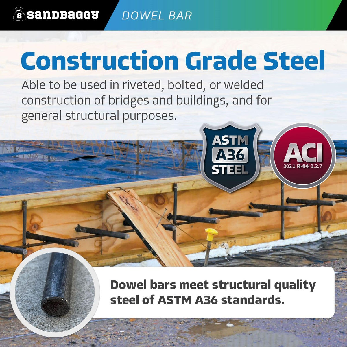 Sandbaggy Smooth Concrete Dowel Bar (1/2" W x 18" L) - Saw Cut Ends - Plain Grade 60 Steel