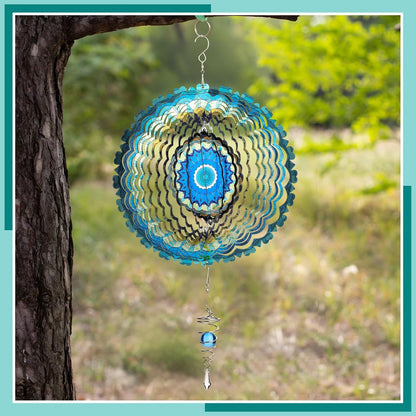 12 Inch Mandala Wind Spinners with Gazing Ball Spiral Tail, Outdoor 3D Stainless Steel Hanging