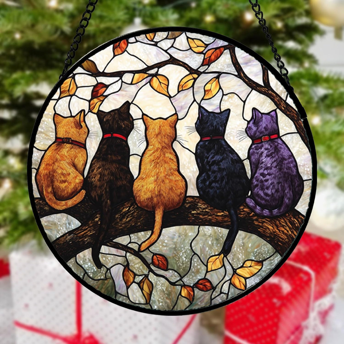 Stained Glass Window Hanging - 5 Cats on a Branch Suncatcher for Window Doors Home Decoration and