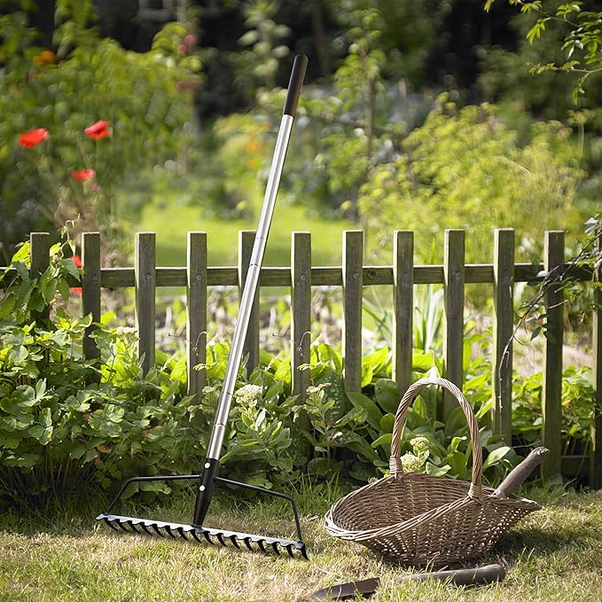 Garden Rake, Metal Sturdy and Heavy Duty Metal Rake, 16-Tine Bow Rake with Adjustable Stainless
