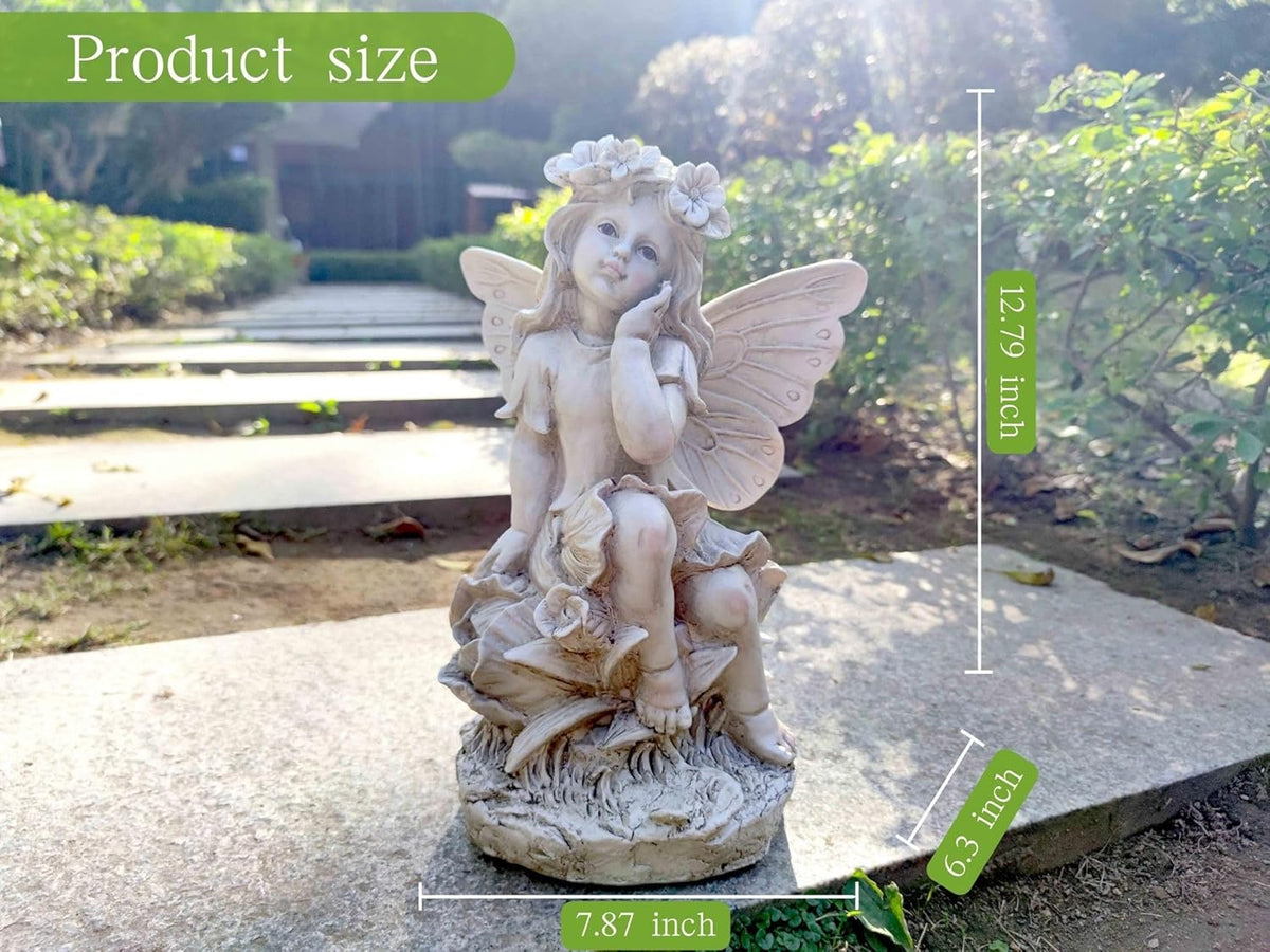 MeritMode 12.8" Fairy Garden Outdoor Guardian Angel Statue - Waterproof Resin with Flower Base